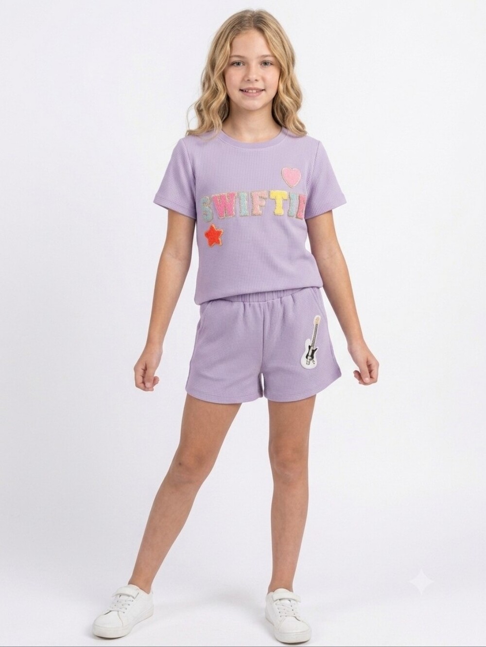 Swiftie Two Piece Lounge Set Lavender Waffle Knit Shorts & Patch Top Size 14​